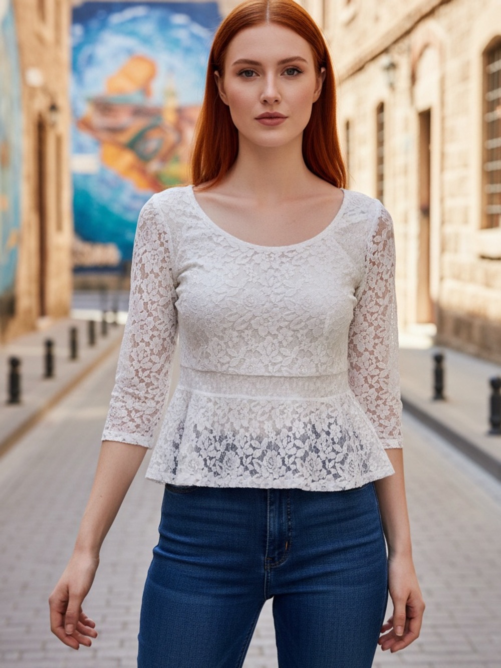 Hollister White Lace Peplum Top with Three-Quarter Sleeves